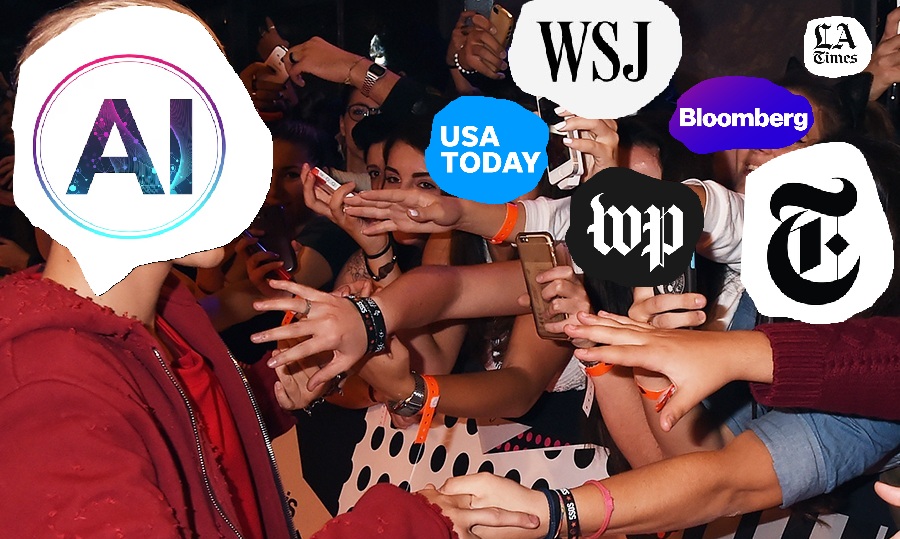 Newspaper press room with digital overlays representing AI technology