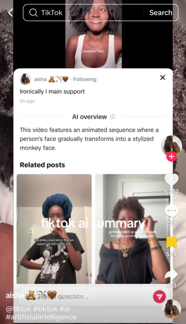Screenshot of TikTok's AI summary falsely claiming a face transforms into a stylized monkey face
