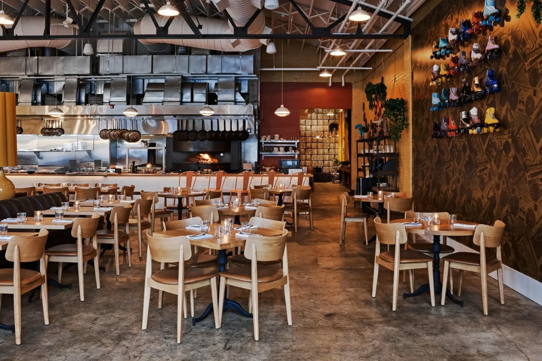 The warm, inviting interior of Marcus Bar & Grille featuring wooden accents and a bustling bar scene in Atlanta
