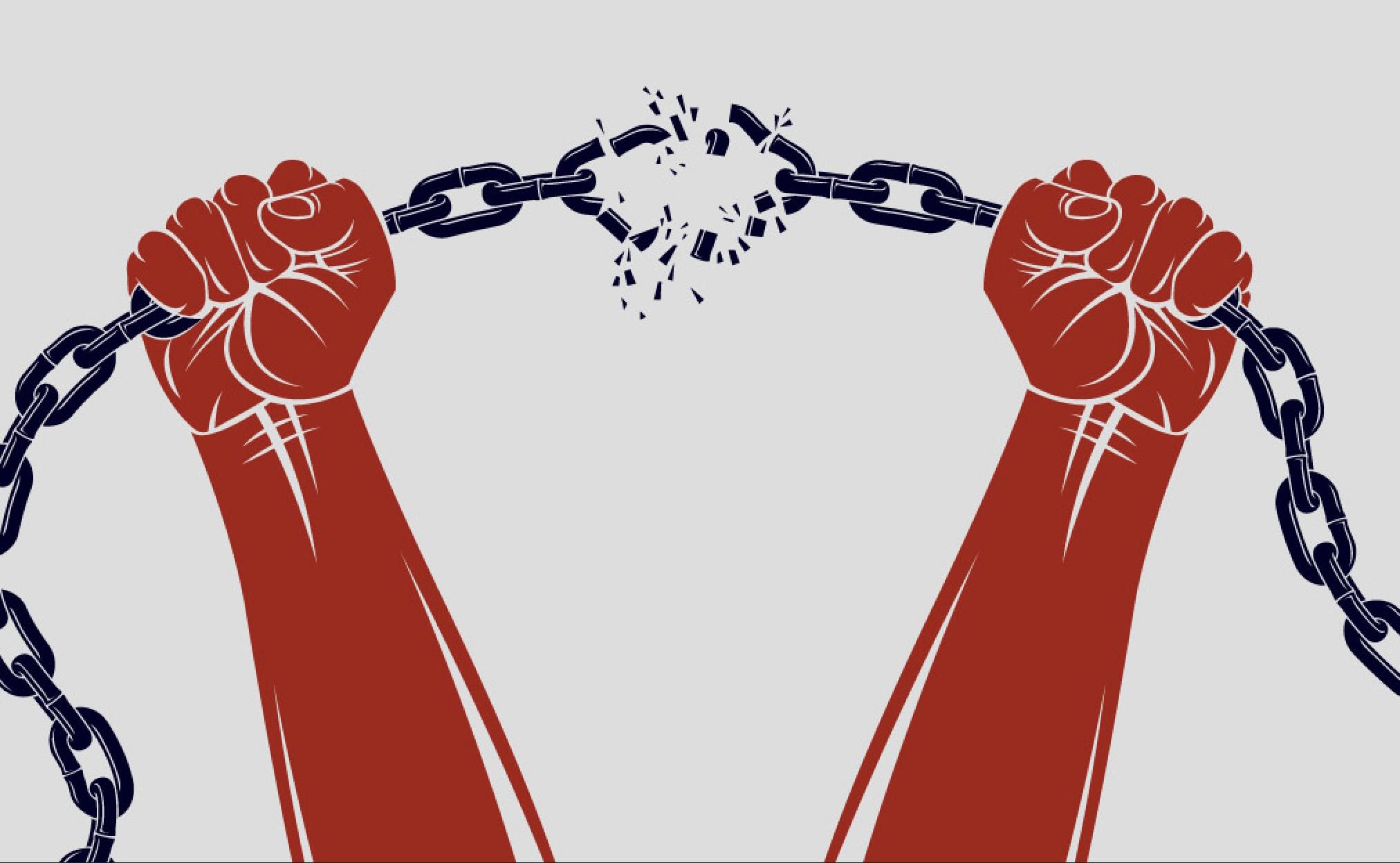 A visual representing the complexity of history, with chains and symbols of resistance.